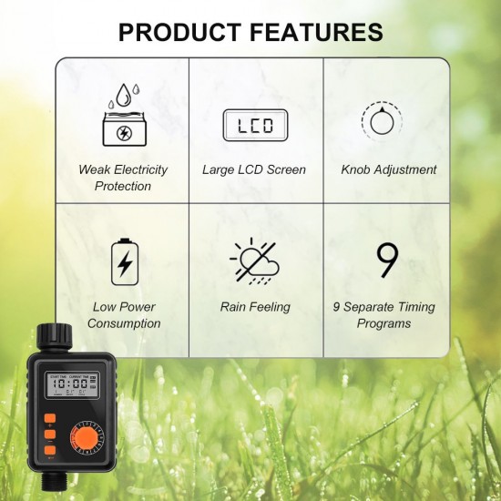 Electronic Irrigation Regulator Automatic Irrigation Timer with Large LCD Screen Waterproof Sprinkler Controller 9 Separate Timing Programs Weak Electricity Protection Rain Sensor Outdoor Garden Watering Device Irrigation Tool