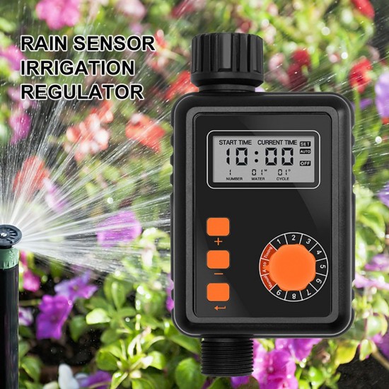 Electronic Irrigation Regulator Automatic Irrigation Timer with Large LCD Screen Waterproof Sprinkler Controller 9 Separate Timing Programs Weak Electricity Protection Rain Sensor Outdoor Garden Watering Device Irrigation Tool