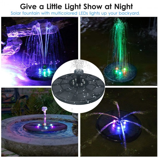 Solar Fountain Pump 3W Solar Powered Outdoor Bird Bath Fountain 7 Spray Patterns Water Pump with Colored LED Lights Battery Backup for Garden Pond Pool Fish Tank Aquarium and Pet