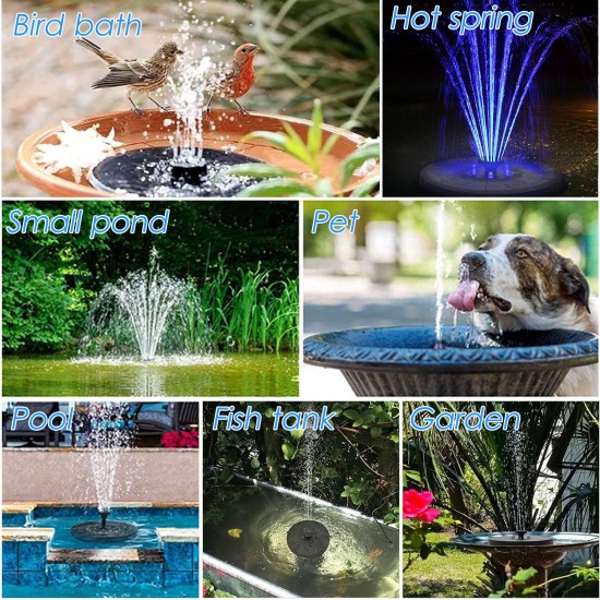 Solar Fountain Pump 3W Solar Powered Outdoor Bird Bath Fountain 7 Spray Patterns Water Pump with Colored LED Lights Battery Backup for Garden Pond Pool Fish Tank Aquarium and Pet