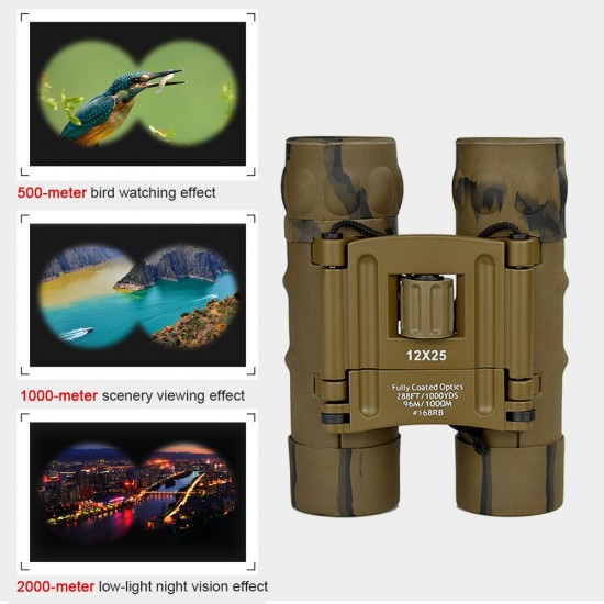 12×25 Binoculars Daily Waterproof Camouflage Telescope BAK4 High Magnification High Definition High Resolution Handheld for Outdoor Traveling Bird Watching Concert Ball Games Events