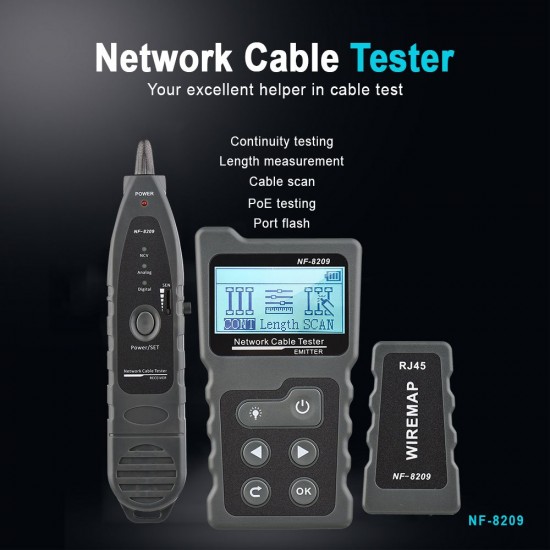 Multi-functional LCD Network Cable Tester Wire Tracker PoE Checker Inline PoE Voltage and Current Tester with Cable Tester with Illuminate Function