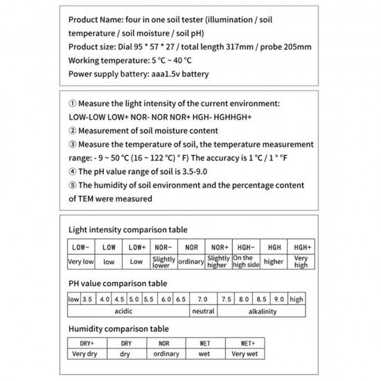 4-in-1 Soil Tester Multifunctional Soil Detector Moisture Meter pH Meter Temperature Moisture Sunlight Intensity PH Tester