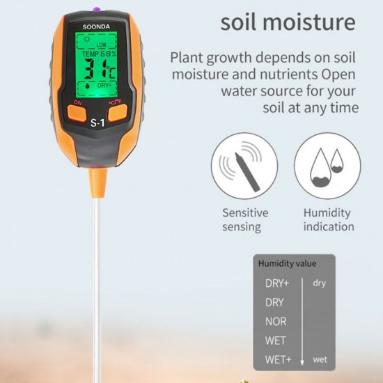 4-in-1 Soil Tester Multifunctional Soil Detector Moisture Meter pH Meter Temperature Moisture Sunlight Intensity PH Tester