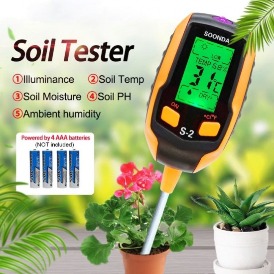 5-in-1 Soil Tester Multifunctional Soil Detector Moisture Meter pH Meter Temperature Soil/Ambient Moisture Sunlight Intensity pH Tester