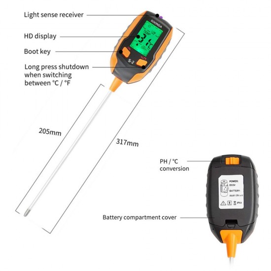 5-in-1 Soil Tester Multifunctional Soil Detector Moisture Meter pH Meter Temperature Soil/Ambient Moisture Sunlight Intensity pH Tester