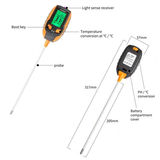 5-in-1 Soil Tester Multifunctional Soil Detector Moisture Meter pH Meter Temperature Soil/Ambient Moisture Sunlight Intensity pH Tester