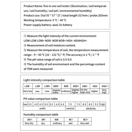 5-in-1 Soil Tester Multifunctional Soil Detector Moisture Meter pH Meter Temperature Soil/Ambient Moisture Sunlight Intensity pH Tester