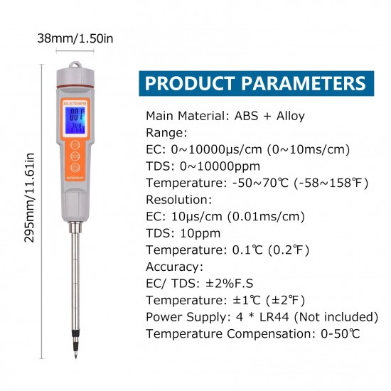 Soil Tester 3 in 1 Multifunction EC/ TDS/ Temperature Digital Soil Test Probe Meter with Backlight Screen Portable Soil Salinity Tester for Greenhouse Garden Farm Orchard