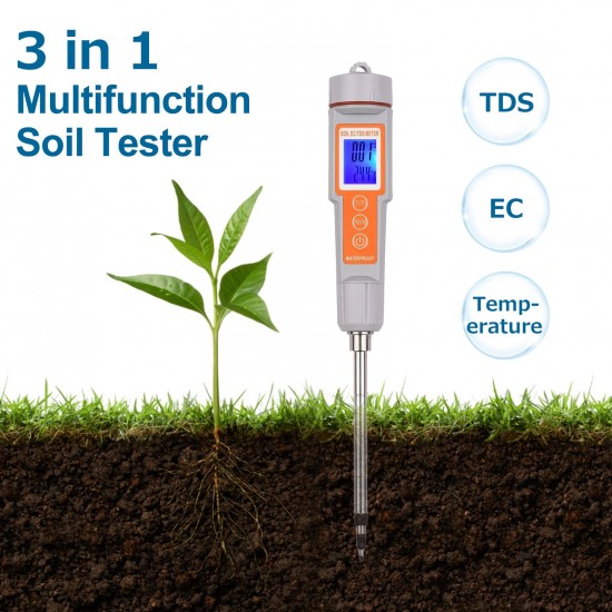 Soil Tester 3 in 1 Multifunction EC/ TDS/ Temperature Digital Soil Test Probe Meter with Backlight Screen Portable Soil Salinity Tester for Greenhouse Garden Farm Orchard