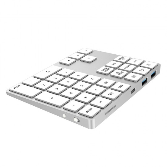 2-in-1 BT Keyboard USB-C 3.1 HUB Features 34-key Wireless Numeric Keypad with Two Extended USB3.0 Interfaces Silver