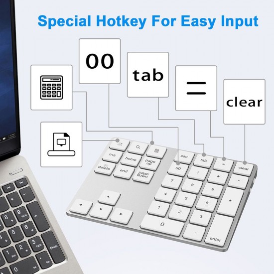 2-in-1 BT Keyboard USB-C 3.1 HUB Features 34-key Wireless Numeric Keypad with Two Extended USB3.0 Interfaces Silver