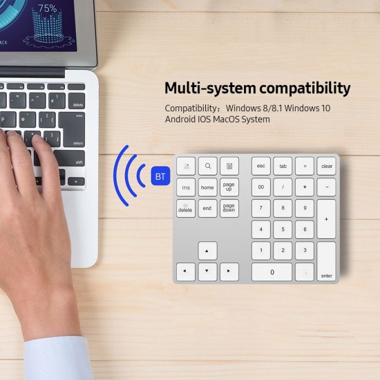 2-in-1 BT Keyboard USB-C 3.1 HUB Features 34-key Wireless Numeric Keypad with Two Extended USB3.0 Interfaces Silver