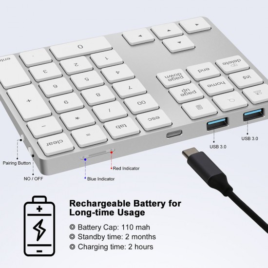 2-in-1 BT Keyboard USB-C 3.1 HUB Features 34-key Wireless Numeric Keypad with Two Extended USB3.0 Interfaces Silver