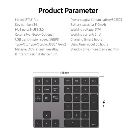 2-in-1 BT Keyboard USB-C 3.1 HUB Features 34-key Wireless Numeric Keypad with Two Extended USB3.0 Interfaces Silver