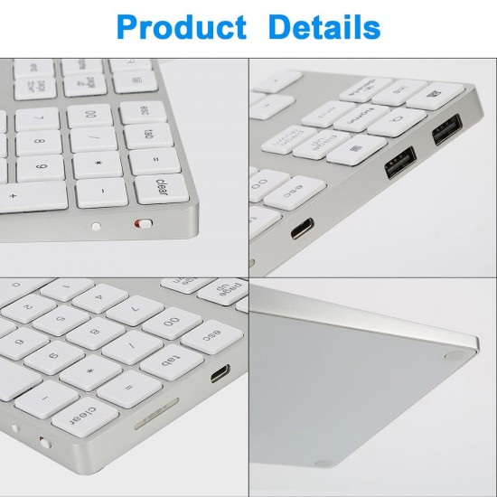 2-in-1 BT Keyboard USB-C 3.1 HUB Features 34-key Wireless Numeric Keypad with Two Extended USB3.0 Interfaces Silver