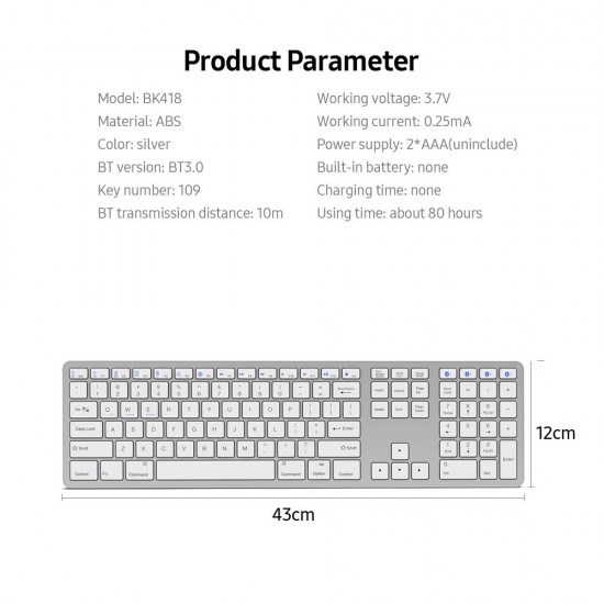 Multi-paired BT Keyboard 109-key Wireless Keyboard Support for IOS/Android/Windows System Silver