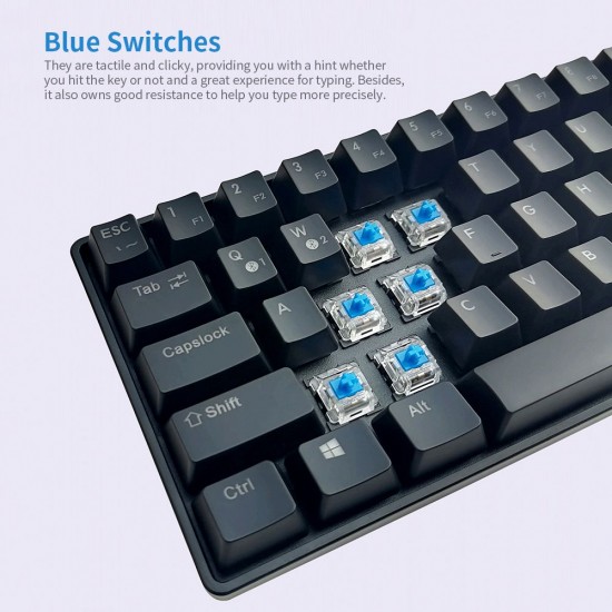 Compact Mechanical Multi-device Keyboard with 64 keys BT & Type-C Mode 18 RGB Backlit Effects N-key Rollover Blue Switches Black