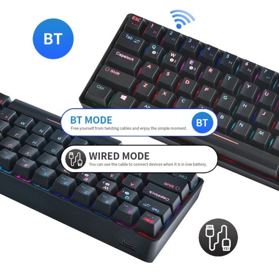 Compact Mechanical Multi-device Keyboard with 64 keys BT & Type-C Mode 18 RGB Backlit Effects N-key Rollover Blue Switches Black