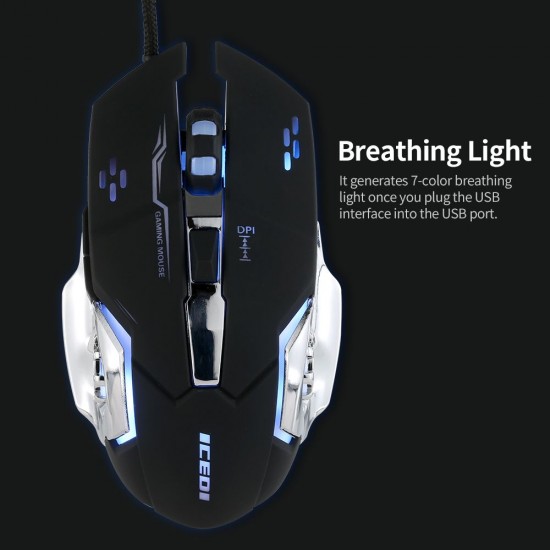 Wired Gaming Mouse 3600 DPI Optical Mouse Ergonomic Mouse 4 Adjustable DPI Levels/6 Buttons/7-Color Breathing Light Black