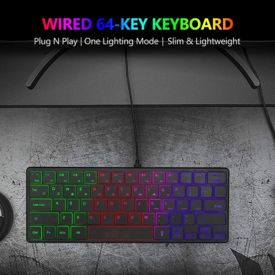 Portable Wired 64-key Keyboard Compact Film Keypad Lightweight Backlit Keyboard One Lighting Mode Plug N Play, Black