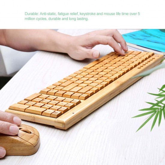 2.4G Wireless Bamboo PC Keyboard and Mouse Combo Computer Keyboard Handcrafted Natural Wooden Plug and Play Yellow