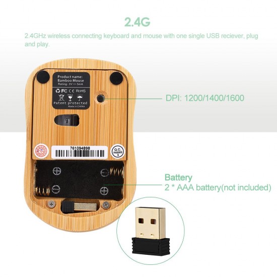 2.4G Wireless Bamboo PC Keyboard and Mouse Combo Computer Keyboard Handcrafted Natural Wooden Plug and Play Yellow