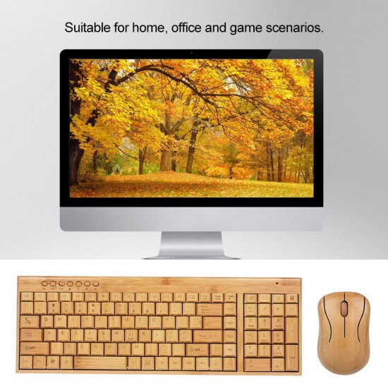 2.4G Wireless Bamboo PC Keyboard and Mouse Combo Computer Keyboard Handcrafted Natural Wooden Plug and Play Yellow