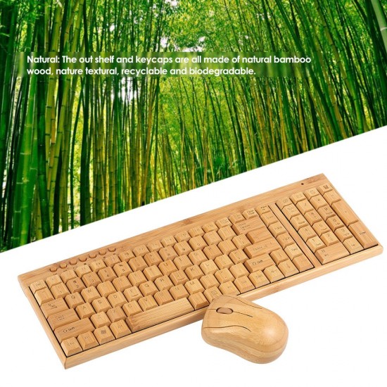 2.4G Wireless Bamboo PC Keyboard and Mouse Combo Computer Keyboard Handcrafted Natural Wooden Plug and Play Yellow