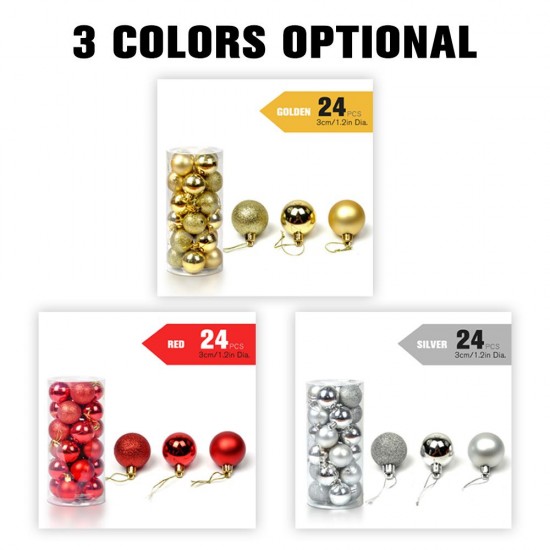 24pcs Christmas Ball Ornaments with Lanyards 3cm/1.2in Christmas Tree Ornaments Balls Shiny Matte Glitter Balls Shatterproof Christmas Decorations for Holiday Wedding