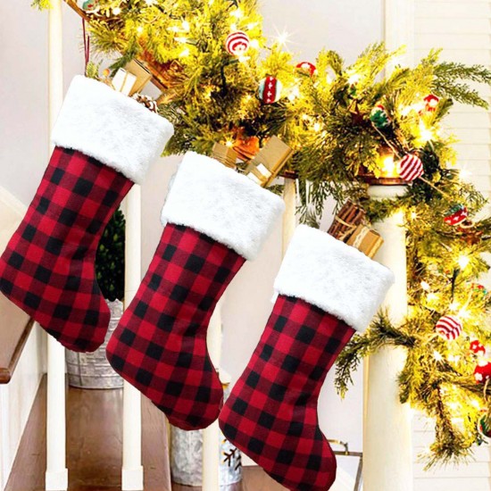 Christmas Candy Stocking Classic Plaid Pattern Reusable Tote Bags Gift Tote Bag Happy Hanging Socks for Holiday Party Christmas Decorations