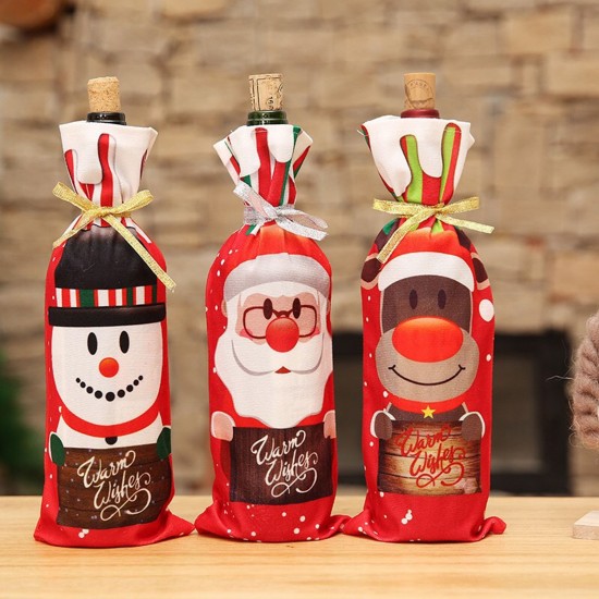 Christmas Wine Bottle Covers/Bags Holiday Wine Bottle Covers Santa Clause,Snowman & Reindeer Drawstring Bags Christmas Decor Gift(Santa)