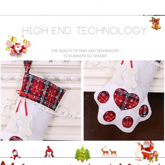 Christmas Stockings Gift Bag Decor for New Year Plaid Christmas Gift Bags Pet Paw Stocking Socks Xmas Tree Hanging Pendant