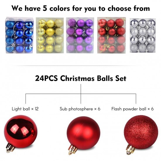 24PCS Christmas Balls Set 3cm Christmas Pendant Decorative Balls Christmas Tree Shatterproof Ornaments Ball for Christmas Trees Wedding Party Home Decoration