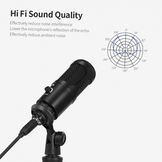 Professional Studio Microphone USB Metal Condenser Recording Microphone with Cardioid Studio Recording Mic for PC Laptop Black