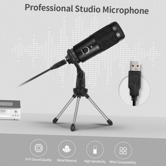 Professional Studio Microphone USB Metal Condenser Recording Microphone with Cardioid Studio Recording Mic for PC Laptop Black