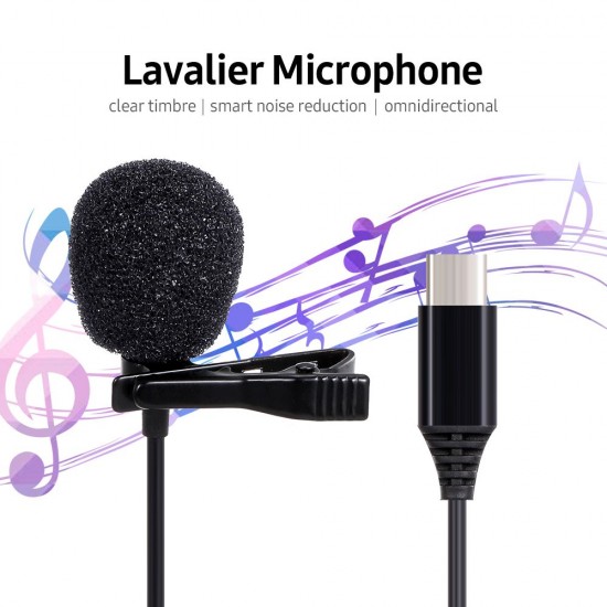 Type-C Lavalier Microphone Omni-Directional Condenser Microphone Superb Sound for Audio and Video Recording Black