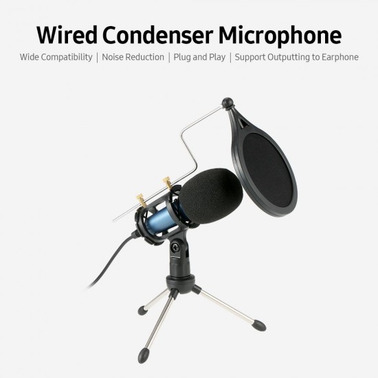 Condenser Microphone with 3.5mm Cable Noise Reduction/Tripod Stand/Pop Filter/Support Outputting to Earphone/Multiple Uses Blue