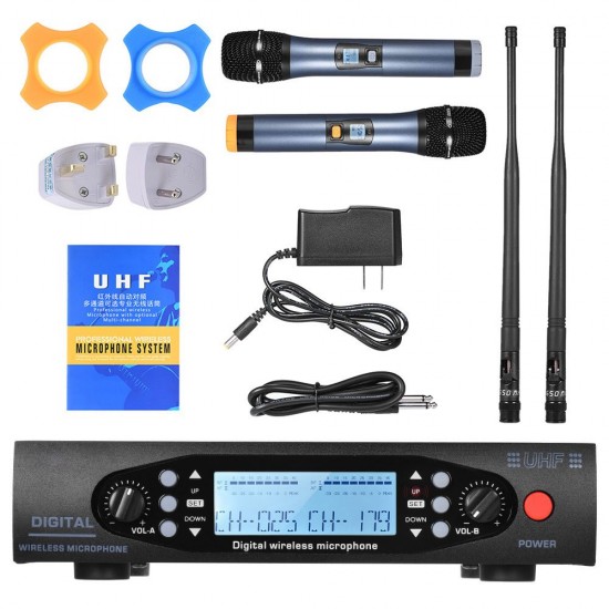 Professional Digital UHF Wireless Handheld Microphone Mic System Dual Channels LCD Display Receiver 2 Microphones for Stage Karaoke Meeting Party