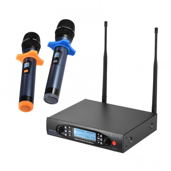 Professional Digital UHF Wireless Handheld Microphone Mic System Dual Channels LCD Display Receiver 2 Microphones for Stage Karaoke Meeting Party