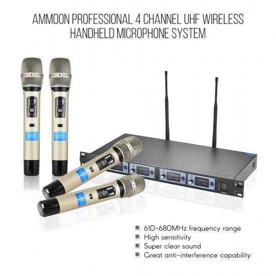 4D-B Professional 4 Channel UHF Wireless Handheld Microphone System 4 Microphones 1 Wireless Receiver 6.35mm Audio Cable LCD Display for Karaoke Family Party Presentation Performance Public Address