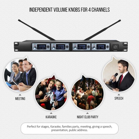 4D-B Professional 4 Channel UHF Wireless Handheld Microphone System 4 Microphones 1 Wireless Receiver 6.35mm Audio Cable LCD Display for Karaoke Family Party Presentation Performance Public Address