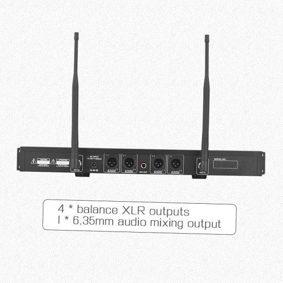 D2 Professional 4-Channel UHF Wireless Conference Microphone System 6.35mm & XLR Outputs Dual Antenna with Rack-Mount Receiver 4 Desktop Mics