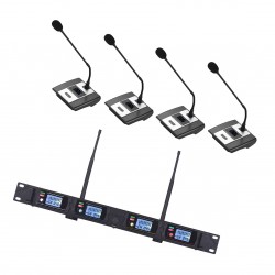 D2 Professional 4-Channel UHF Wireless Conference Microphone System 6.35mm & XLR Outputs Dual Antenna with Rack-Mount Receiver 4 Desktop Mics