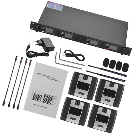 D2 Professional 4-Channel UHF Wireless Conference Microphone System 6.35mm & XLR Outputs Dual Antenna with Rack-Mount Receiver 4 Desktop Mics