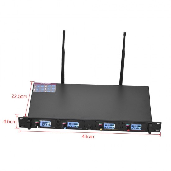 D2 Professional 4-Channel UHF Wireless Conference Microphone System 6.35mm & XLR Outputs Dual Antenna with Rack-Mount Receiver 4 Desktop Mics