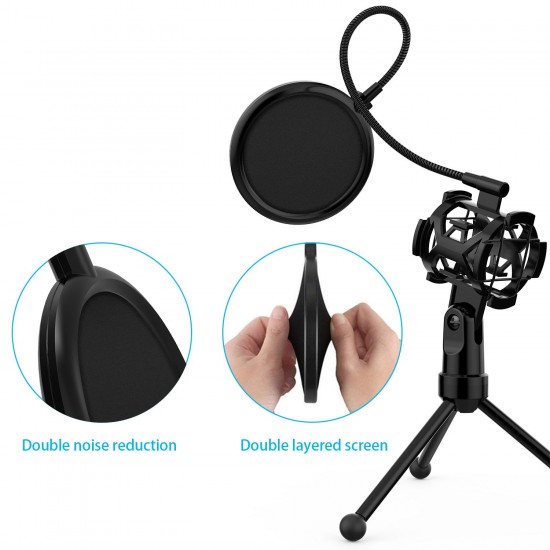 Mini Desktop Microphone Tripod Stand with Shock Mount Mic Holder Pop Filter for Studio Recording Online Broadcasting Chatting Singing Meeting