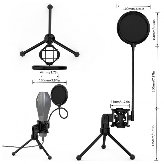 Mini Desktop Microphone Tripod Stand with Shock Mount Mic Holder Pop Filter for Studio Recording Online Broadcasting Chatting Singing Meeting