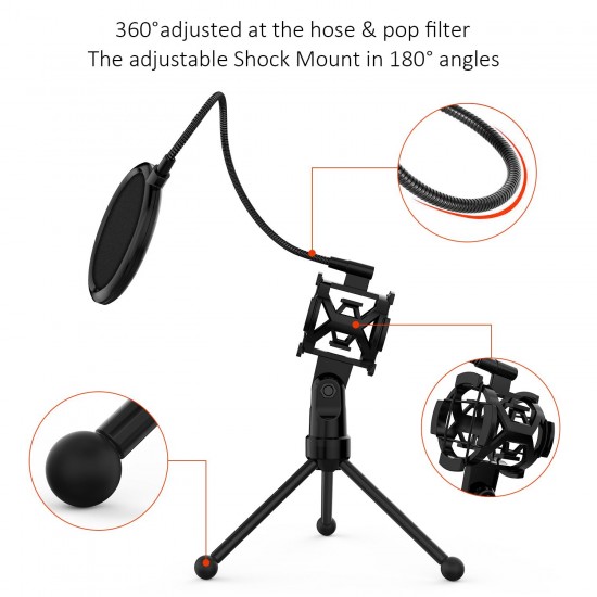 Mini Desktop Microphone Tripod Stand with Shock Mount Mic Holder Pop Filter for Studio Recording Online Broadcasting Chatting Singing Meeting