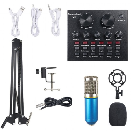 Multifunctional Live Sound Card and BM800 Suspension Microphone Kit Broadcasting Recording Condenser Microphone Set Intelligent Volume Adjustable Audio Mixer Sound Card for Computer PC Live Sound